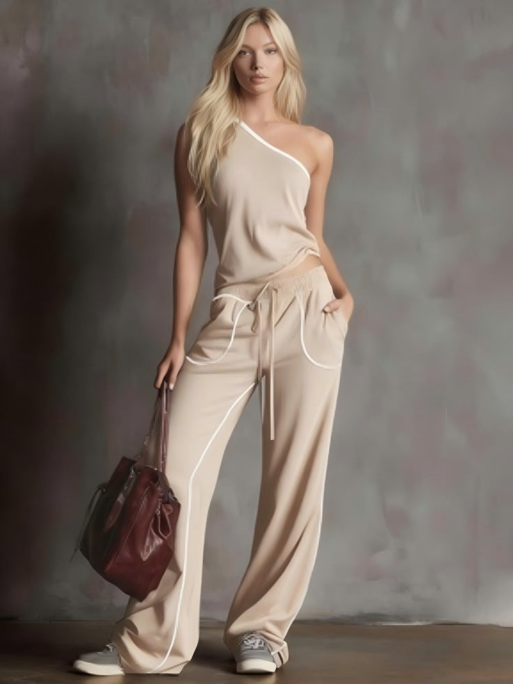Womens Straight-Leg Wide-Leg Pants Off-Shoulder Chic Top Two-Piece Set