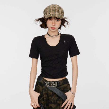 Black Shoulder Short Sleeve Girls Summer Tight Waist Design Sense