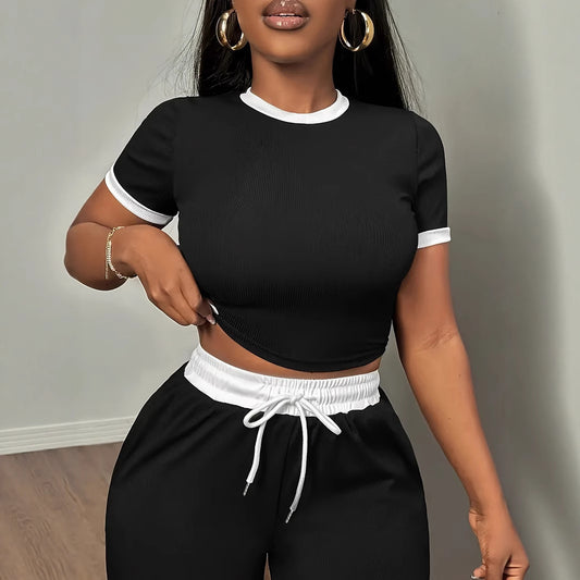 Womens Color-block Slim-fit Short-sleeve Top And Pants Two-piece Set