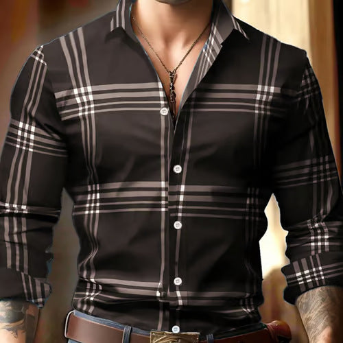 Digital Printing Striped Plaid Men's Long Sleeve Shirt