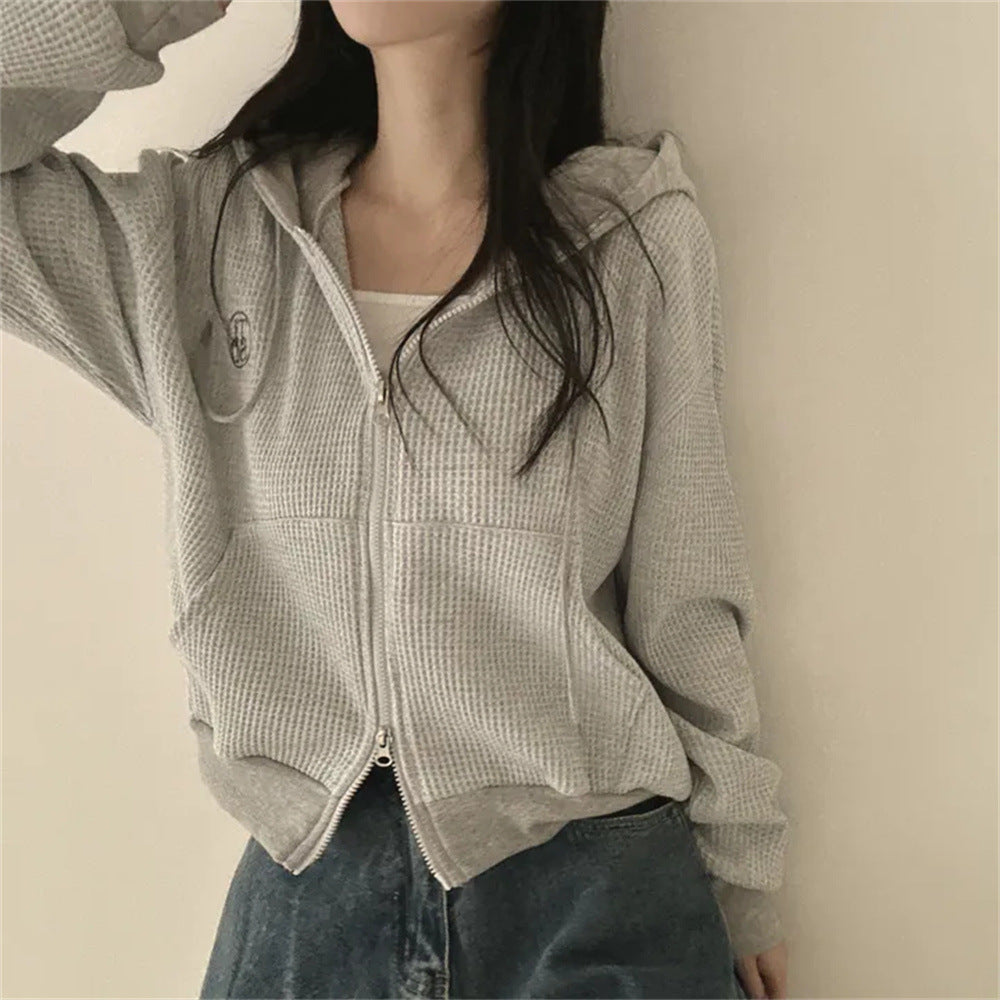 Korean Style Hooded Thin Waffle Sweater