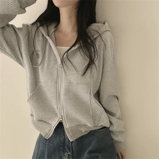 Korean Style Hooded Thin Waffle Sweater