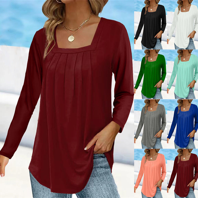 Women's Pleated Square Collar Long Sleeve Imitation Cotton Large Size T-shirt