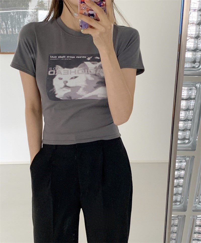 Simple Slim Fit Stretch Cat Letter Print Short Sleeves
