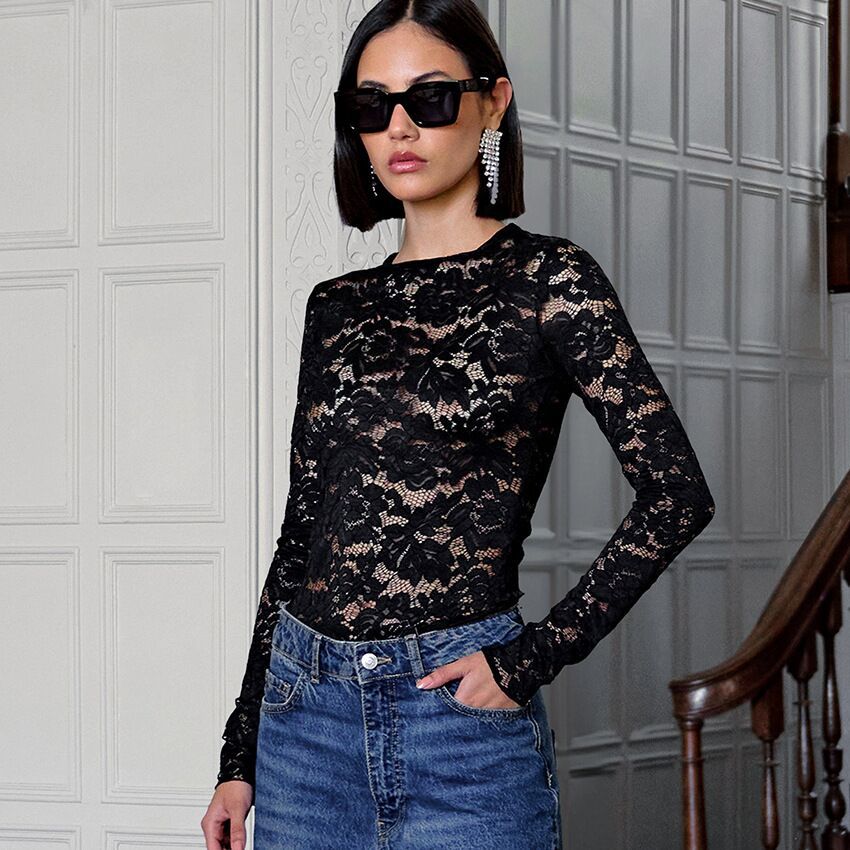 Womens Lace Slim-Fit Sheer Long-Sleeve Top