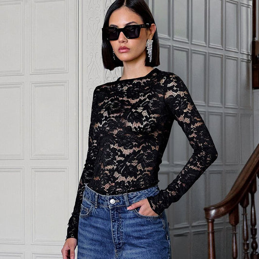 Womens Lace Slim-Fit Sheer Long-Sleeve Top