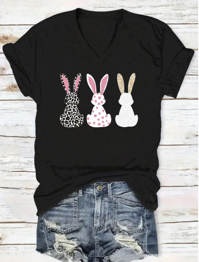 Happy Easter Rabbit Printed Women's Round Neck Short Sleeve T-shirt
