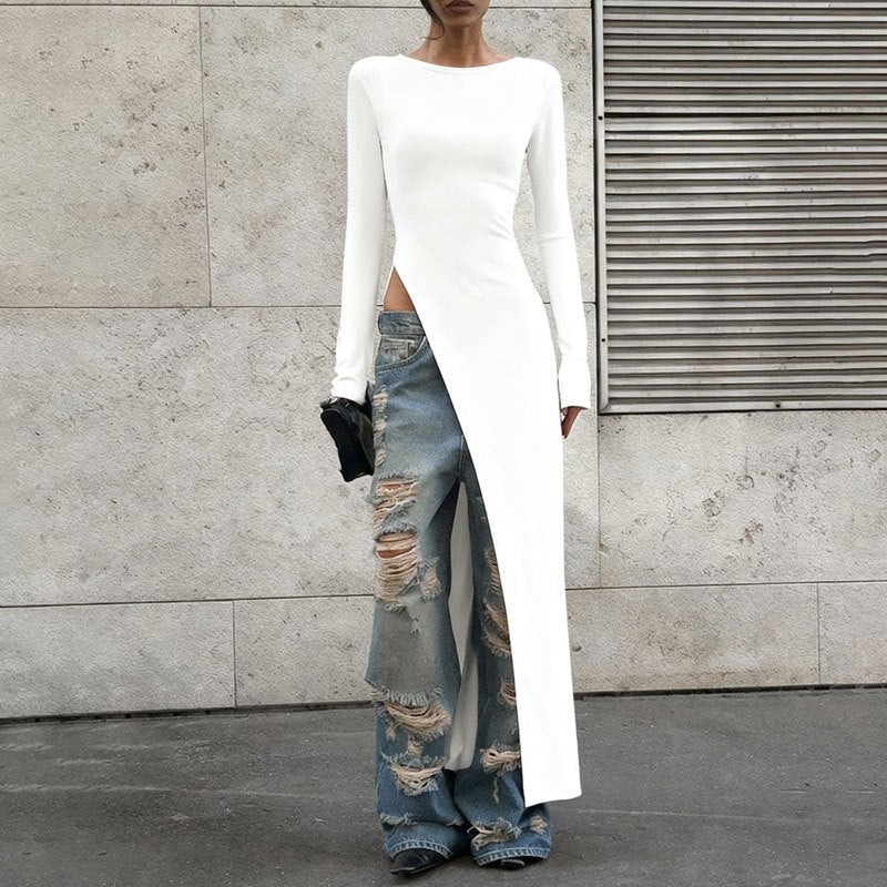 Solid Color Round-neck Long-sleeved Dress Women