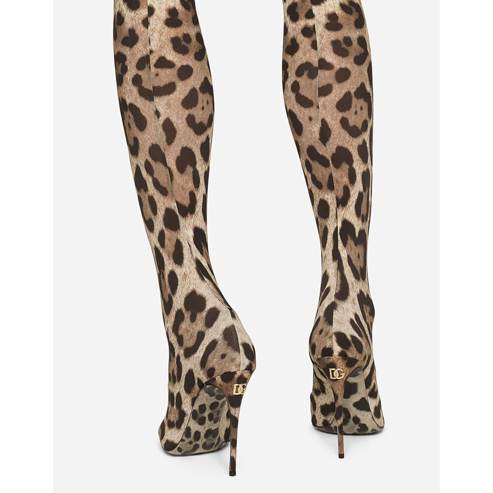 Pointed-toe High-heeled Leopard-print Ultra-long Knee-high Stretch Boots