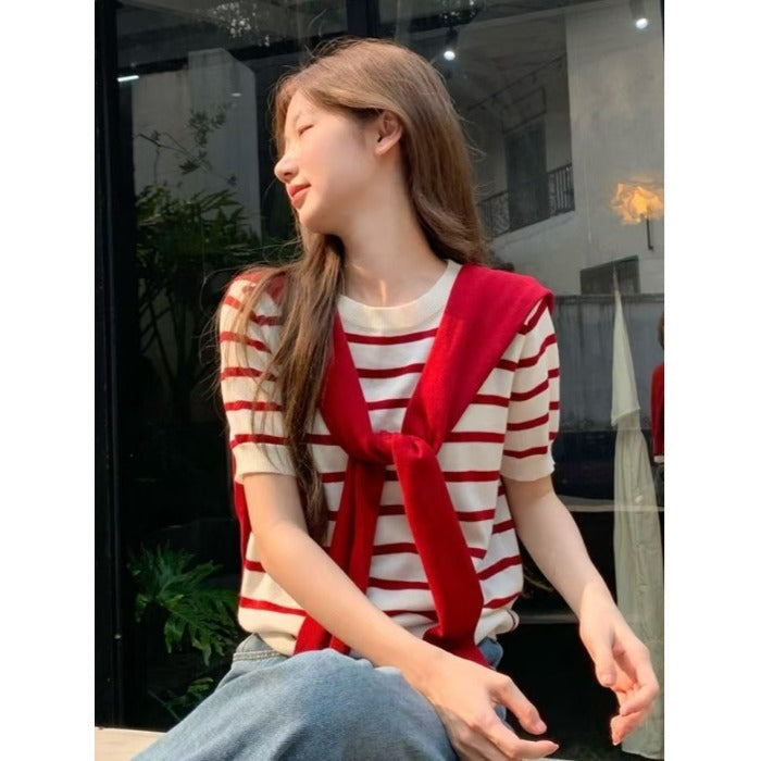Women's Shawl Contrast Color Striped Short Sleeve Knitted