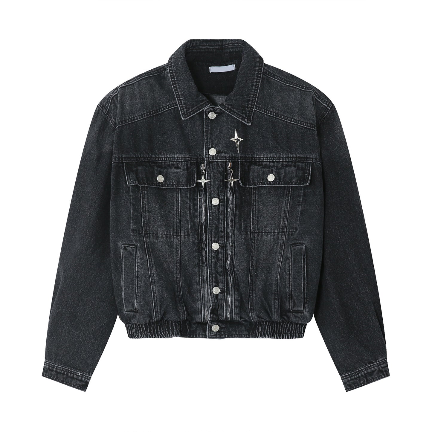 Spring Padded Shoulder Loose Waist Elastic Design Denim Jacket