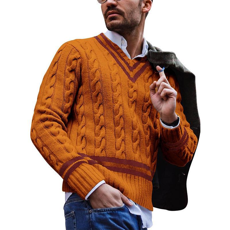 Men's Striped Color Blocking Knitting V-neck Sweater