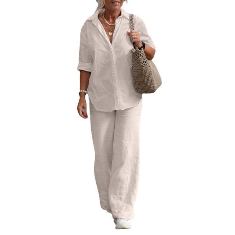 Lapel-collar Long-sleeve Shirt Casual Solid-color Pants Wide-leg Set