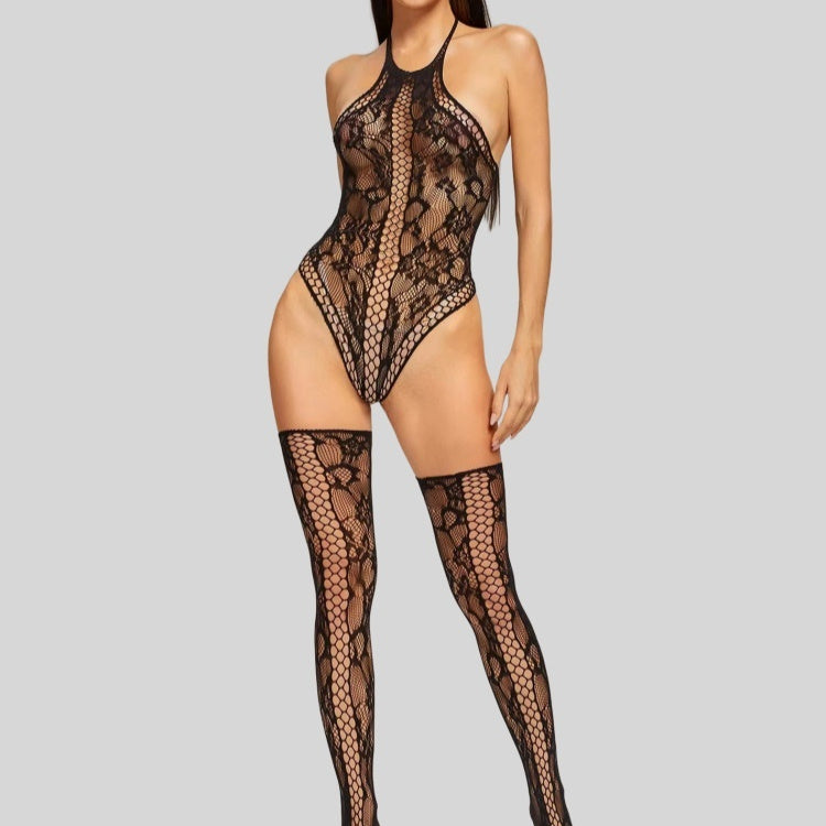 Lace-up Sheer Sexy Fishnet Thigh-high Stockings Set