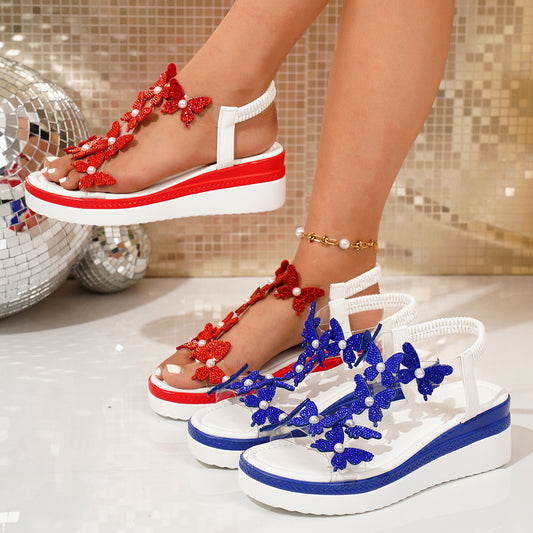 Kvinders kilesandaler med sløjfe, slip-on platformsandaler med rhinsten og peep-toe