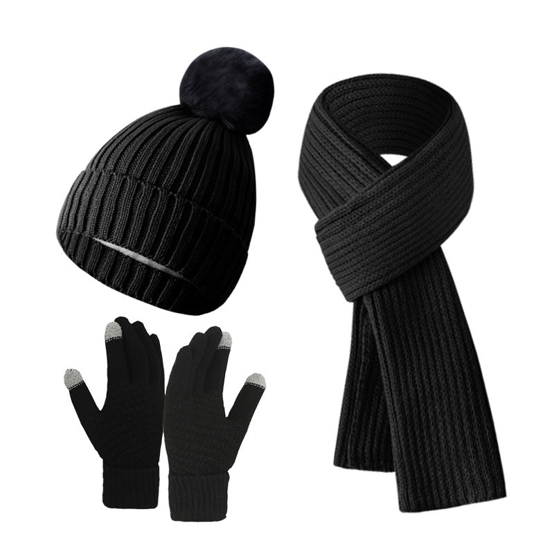 Solid Color Woven Hat Scarf And Gloves Warm Set