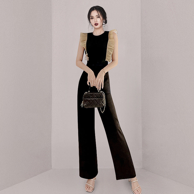 Women's High Waist Slim Wood Ear Stitching Wide Leg Pants