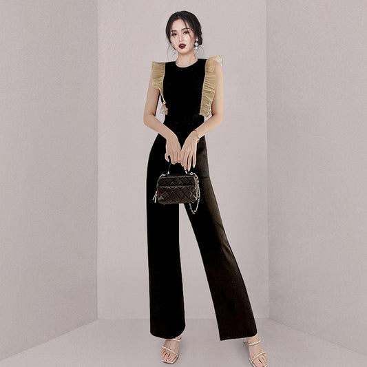 Women's High Waist Slim Wood Ear Stitching Wide Leg Pants