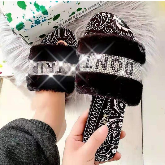 European And American Style Rhinestone One-line Solid Color Fur Slippers