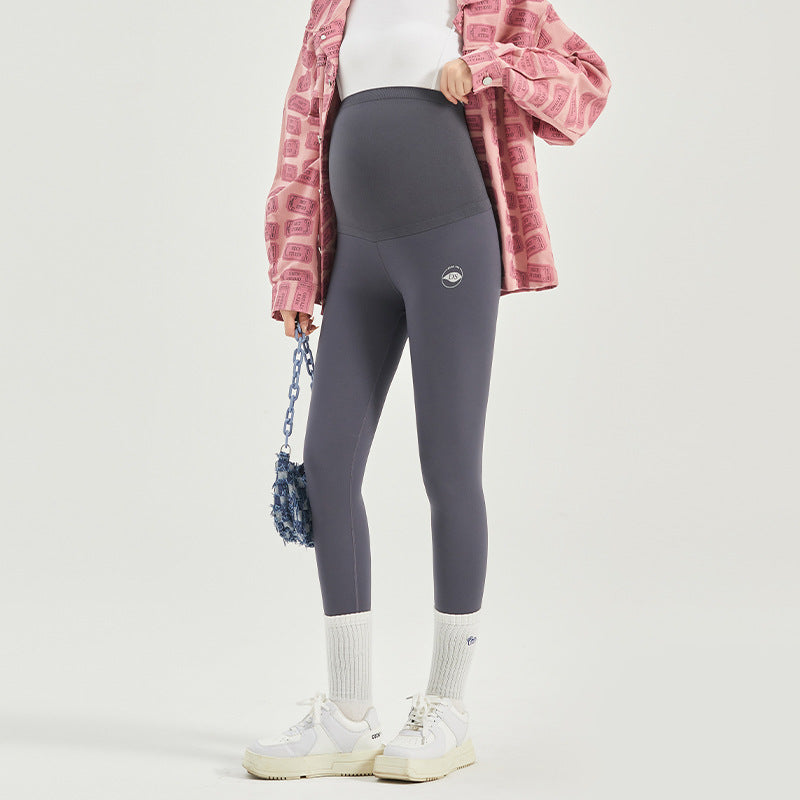 Gravide kvinders leggings, fleece, forår og efterår, sømløse, høj elastiske, maveunderstøttende, tynde yogabukser