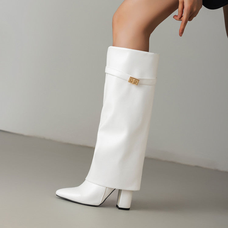 Womens Pointed-toe High-shaft Straight-leg Mid-calf Boots With Metal Buckles