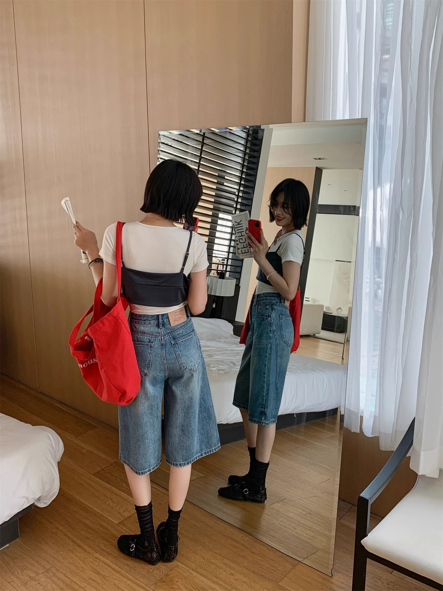 Retro High Waist Denim Water Blue Fifth Wide-leg Pants
