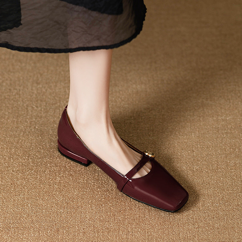 French Low Heel Camellia Women's All-matching Thick Heel Shoes