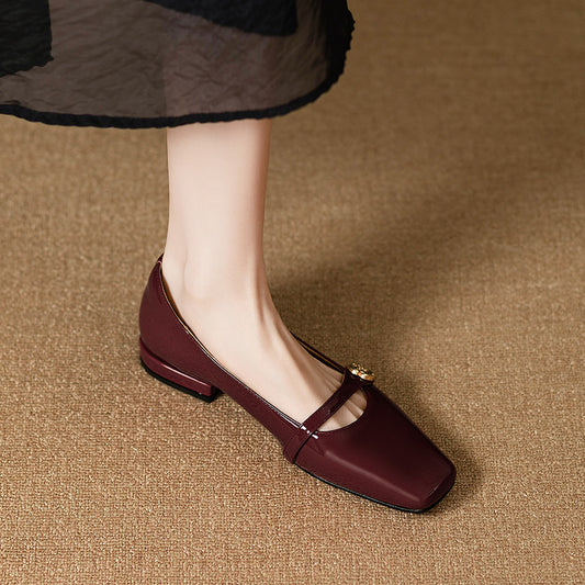 French Low Heel Camellia Women's All-matching Thick Heel Shoes