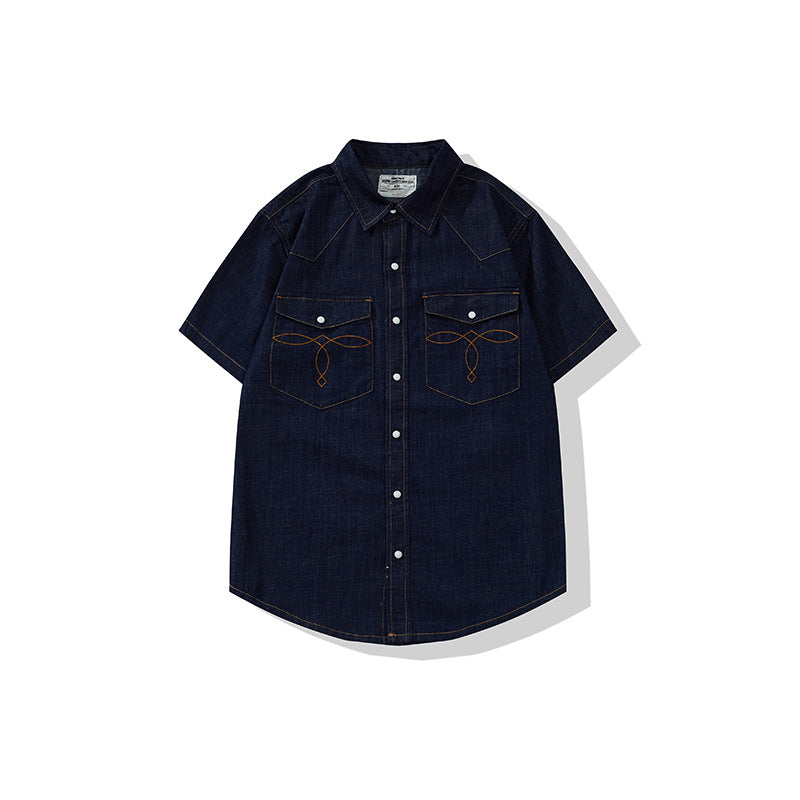 American Retro Classic Bag Flower Wash Short Sleeve Denim Shirt