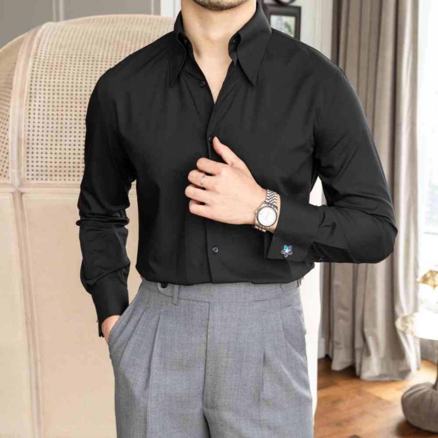 Big Pointed Collar Wrinkle Resistant Slim Fit Shirt For Trendy
