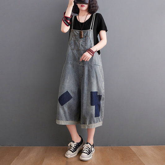 Loose Casual Denim Wide Foot Bib Pants