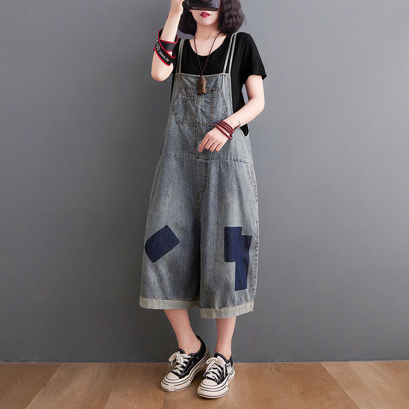 Loose Casual Denim Wide Foot Bib Pants