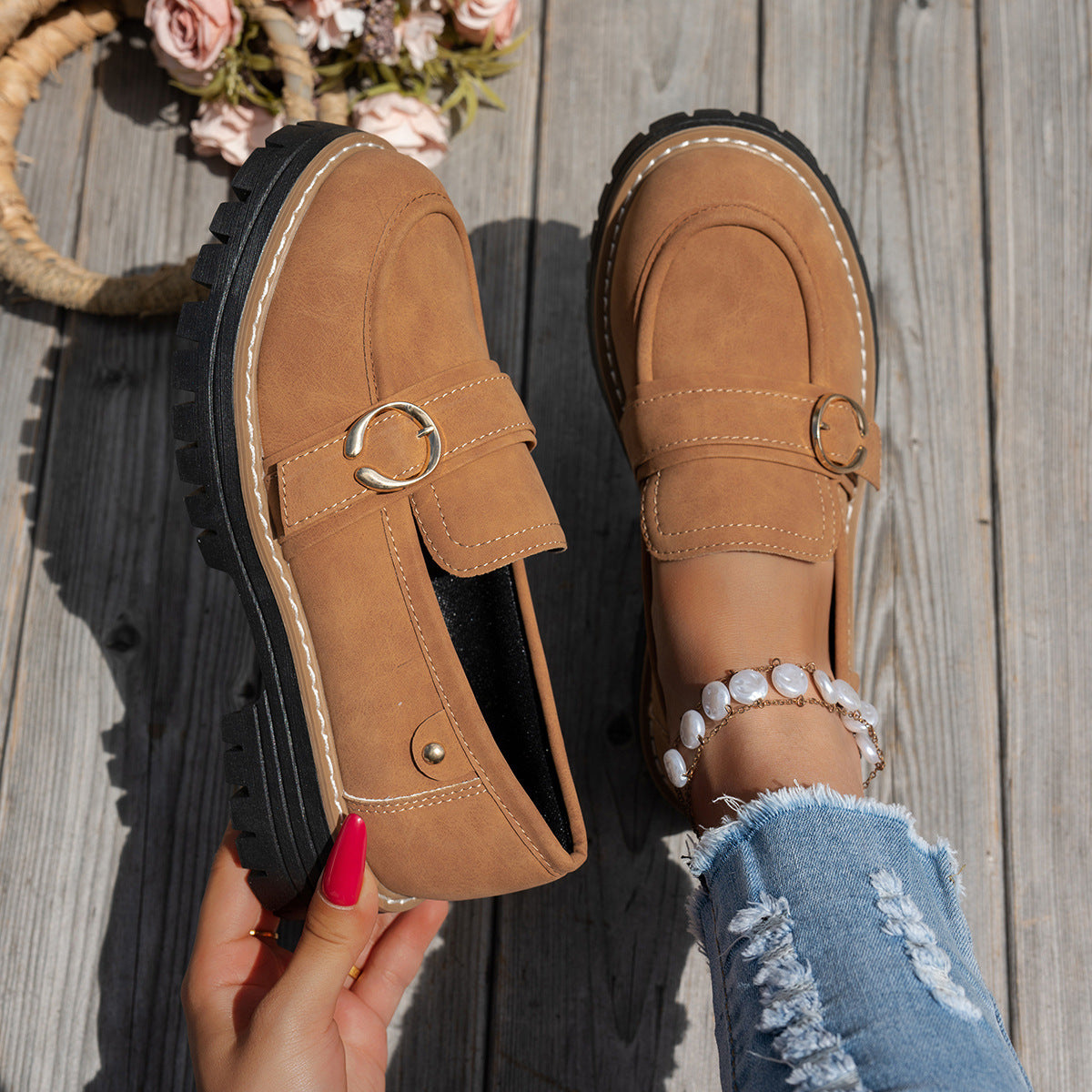 Buckle Thick Bottom Low Cut Round Head Pumps