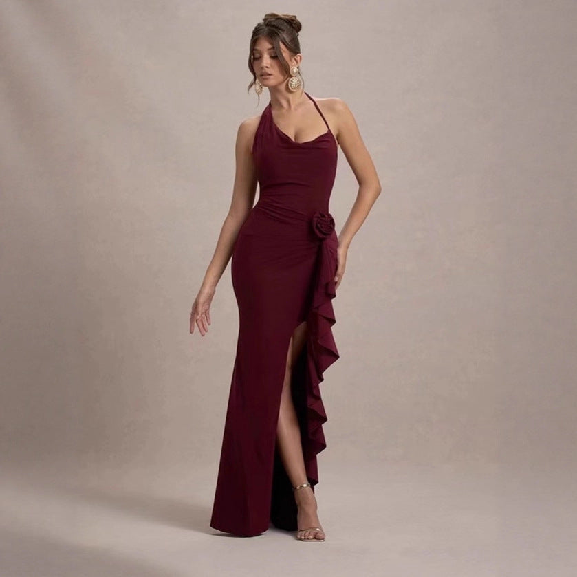 Sexy Asymmetrical Halterneck Three-Dimensional Floral Slim-Fit Split Evening Gown