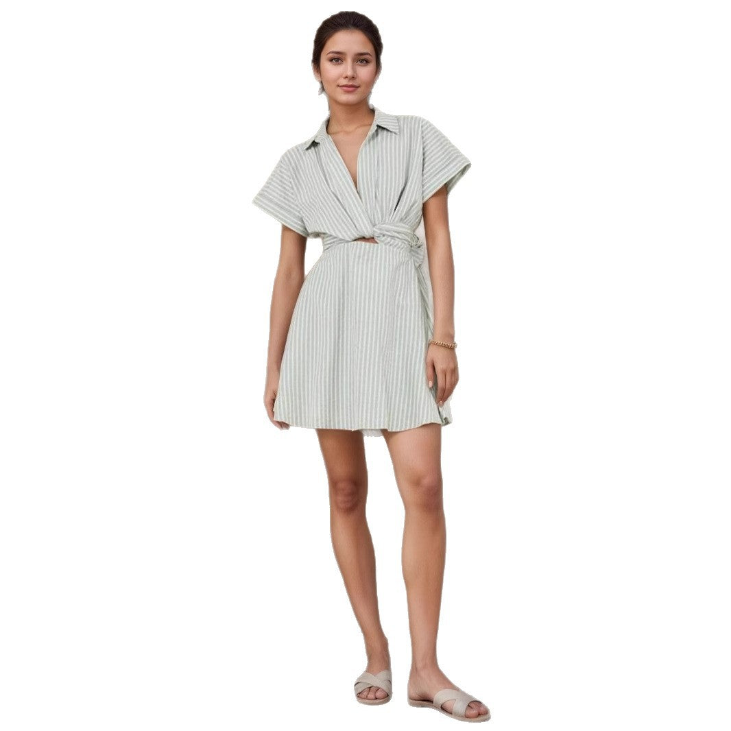 Striped Lace-Up Lapel Casual Short-Sleeve Dress