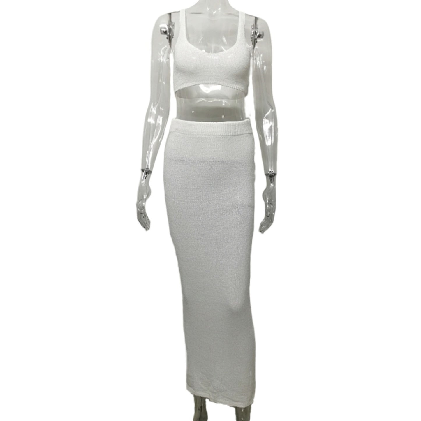 New Style Knitted Fashionable Womens Strappy Tube Top And Solid-Colored Sheath Maxi Dress Two-Piece Set