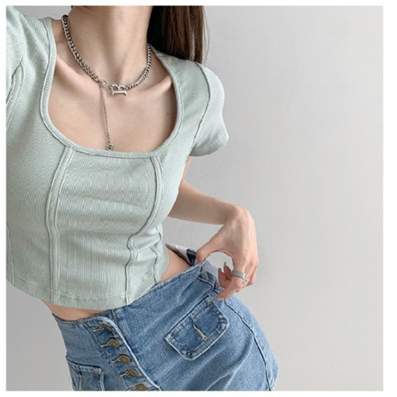 Short Sleeve Fishbone T Shirt With Square Neck And Floral Trim