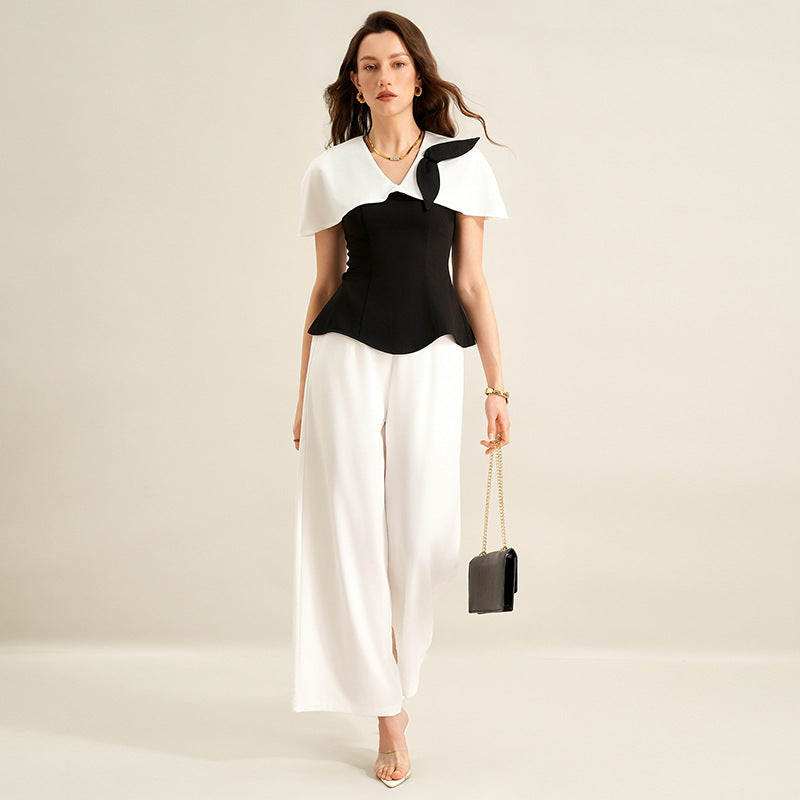 Elegant Commuter Black-and-White Color-Block Shirt Set