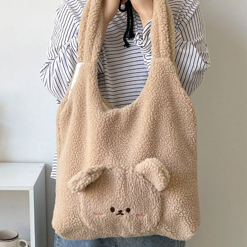Autumn And Winter Plush Three-dimensional Big Face Bear Lamb Wool Shoulder Bag