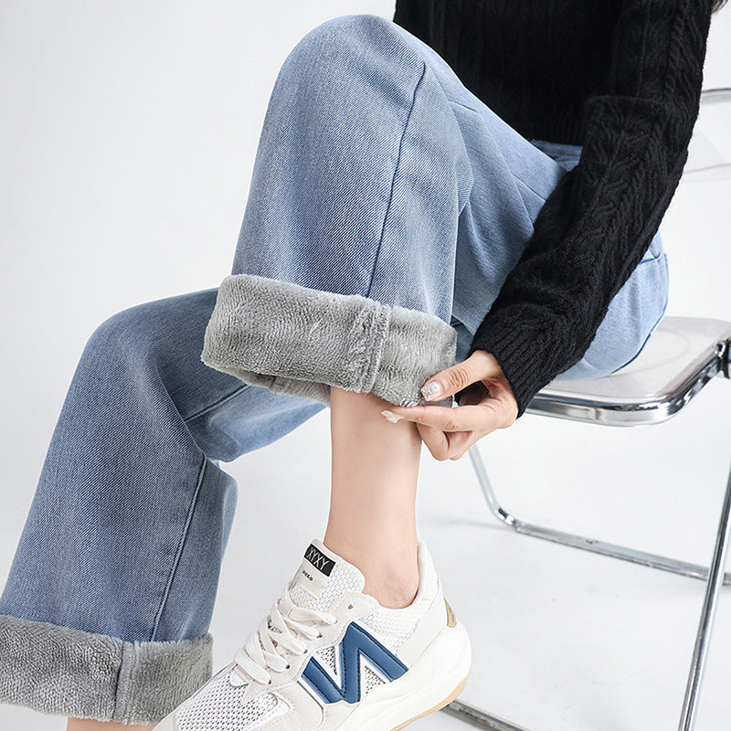 Women's Thick High Waist Double Buckle Loose Straight Jeans