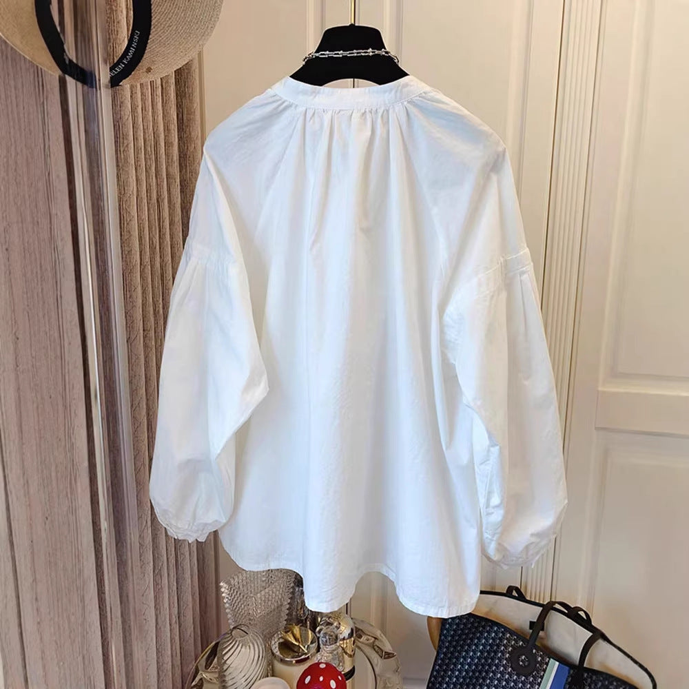 Womens Solid Color Crew Neck Loose Single Breasted Long Sleeve Shirt