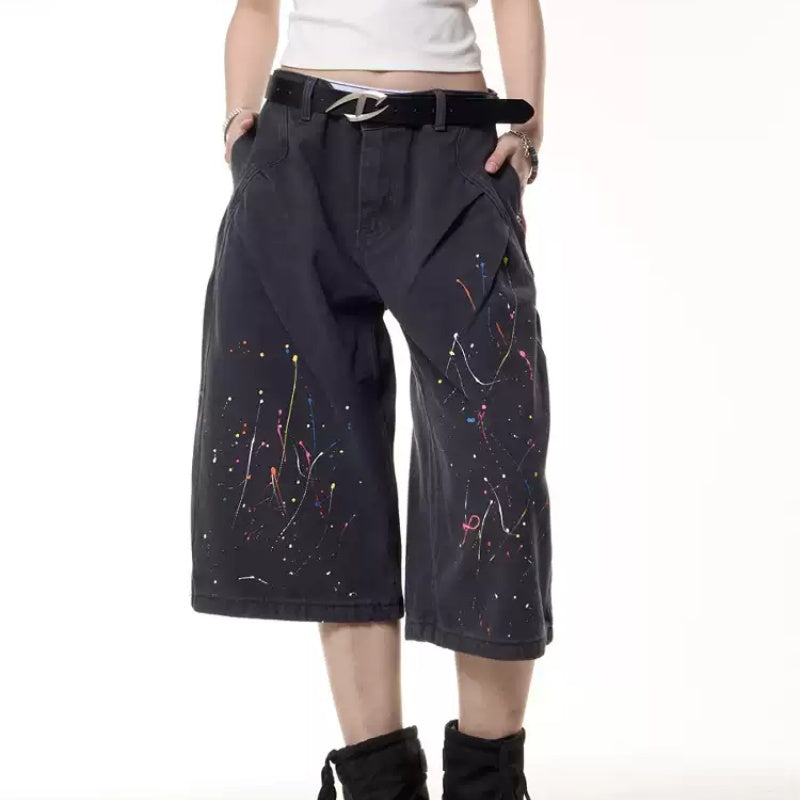 Retro Paint-splashing Style Graffiti Denim Shorts Baby Boy And Girl Summer Loose Straight