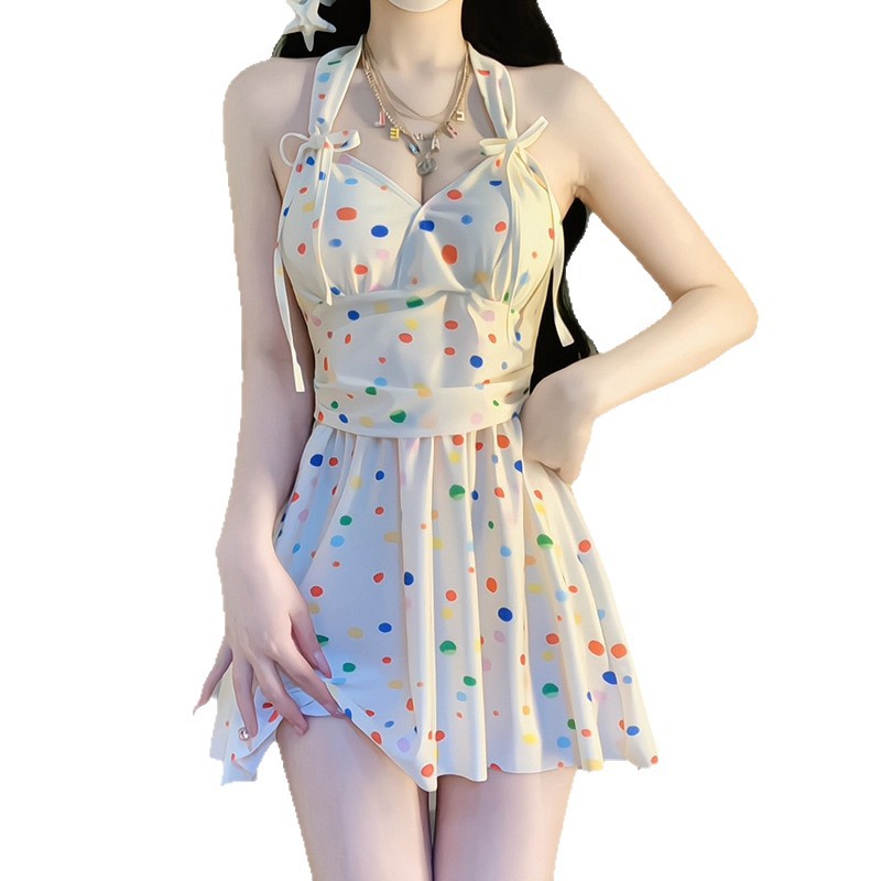Polka Dot Sexy WaistCinching Halter Womens One Piece Swimsuit