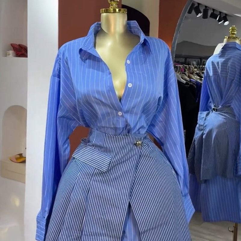 Turn-down Collar Blue Striped Long-sleeve Shirt And Waist-cinching Casual Set