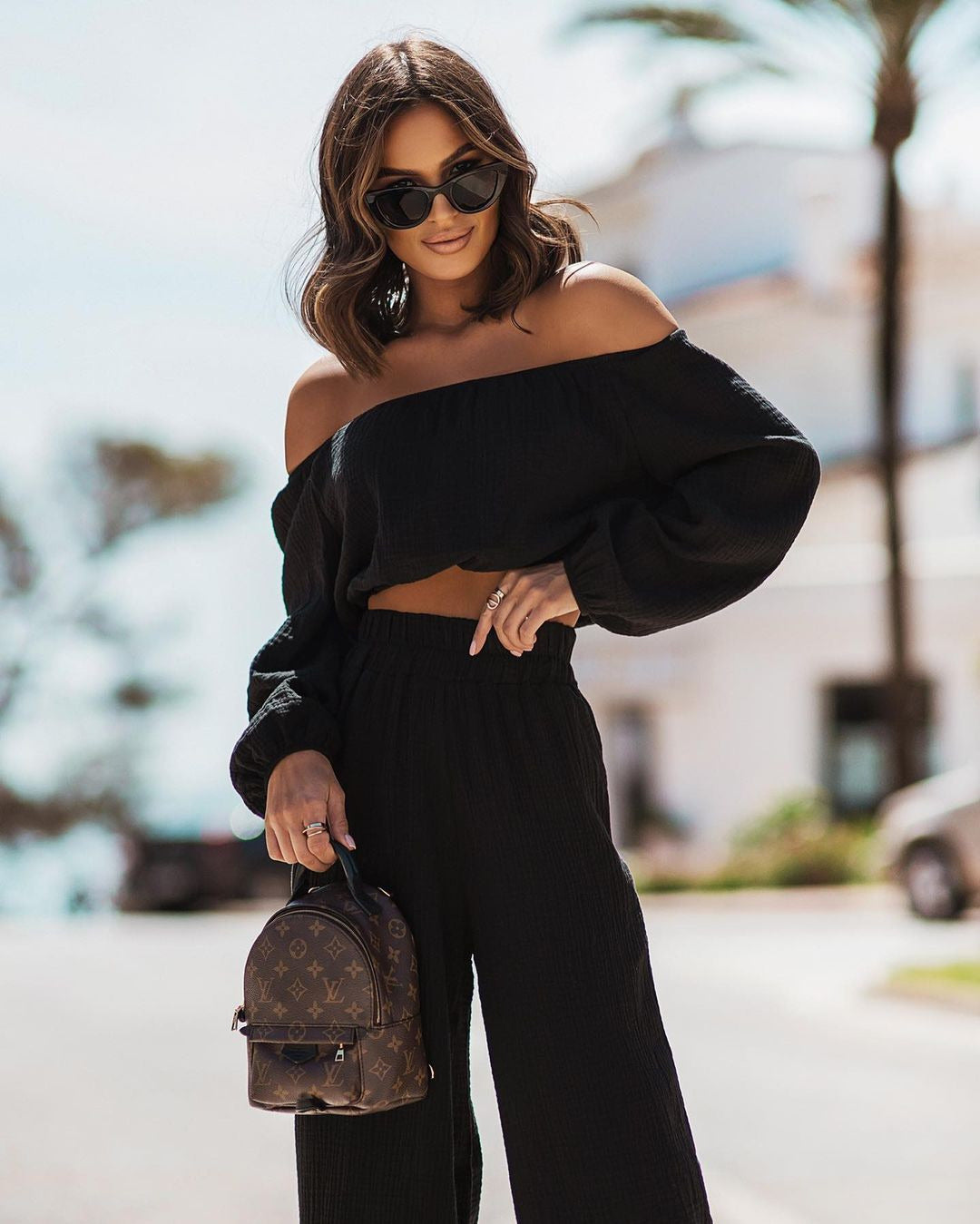 Short-sleeve Off-shoulder Top And Straight-leg Trousers Set