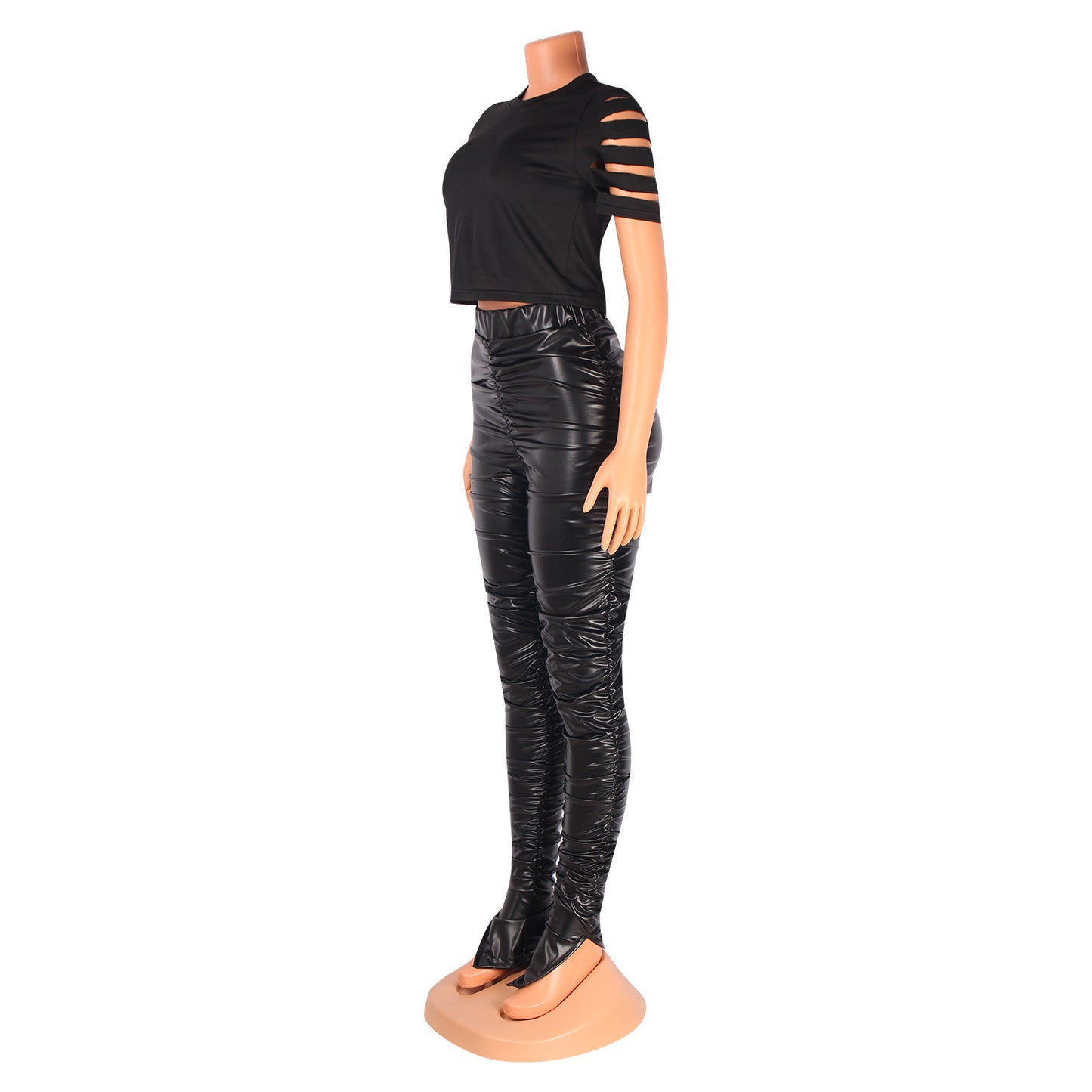 Sexy Skinny Pleated High Waist Stretch Pu Leather Pants