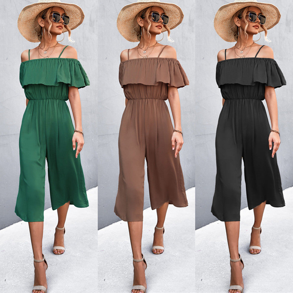 Solid Color One-Shoulder Loose Casual Sling Jumpsuit