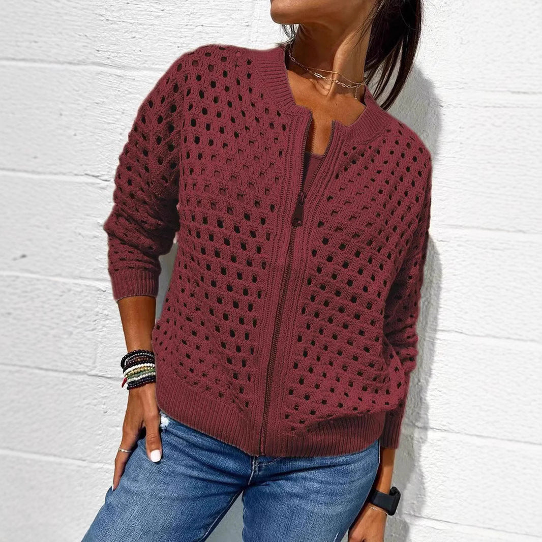 Fashion Hollow Knitted Jacket Zip-up Long-sleeved Tops Women's Clothing