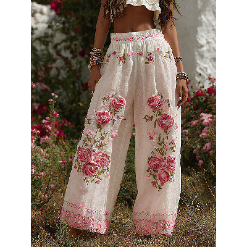 3D Floral Print Pattern Elegant Straight Women's Trousers