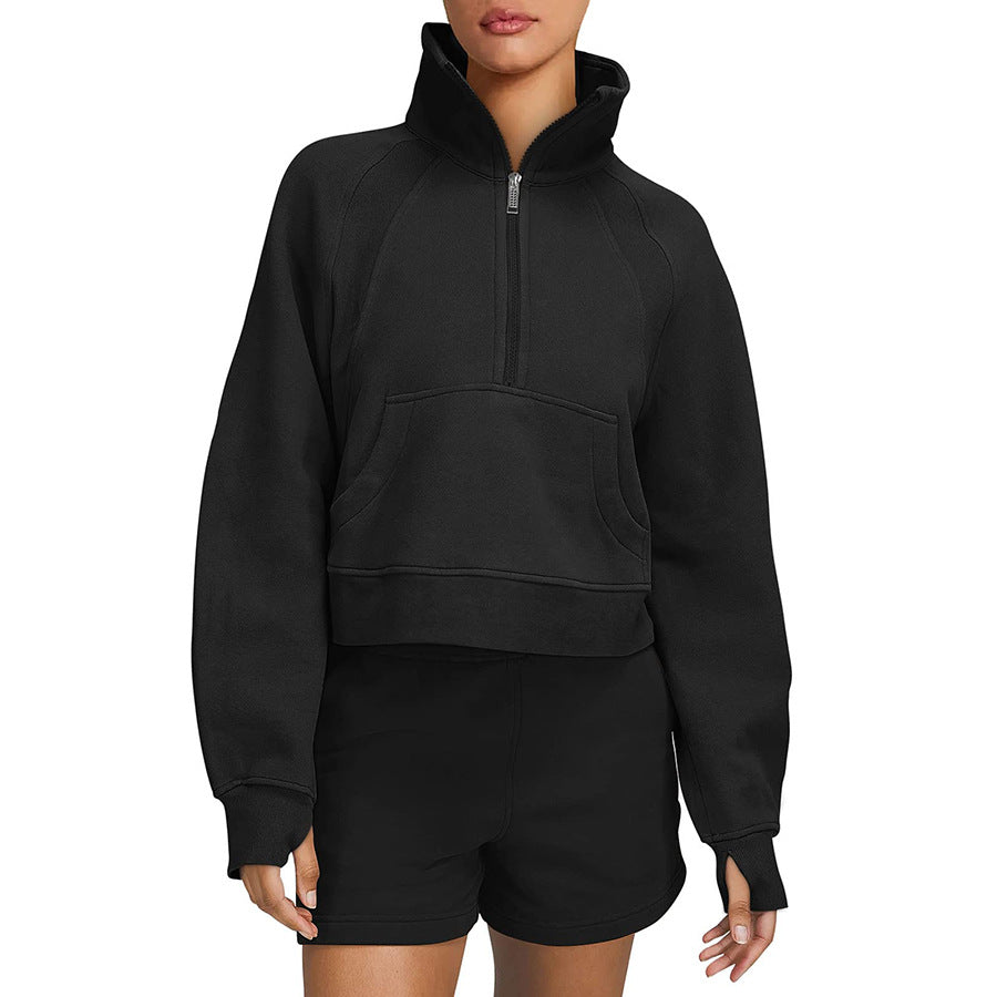 Autumn And Winter Fleece Sweater Half Zipper Coat Stand Collar Pocket European And American Style Women Sweater